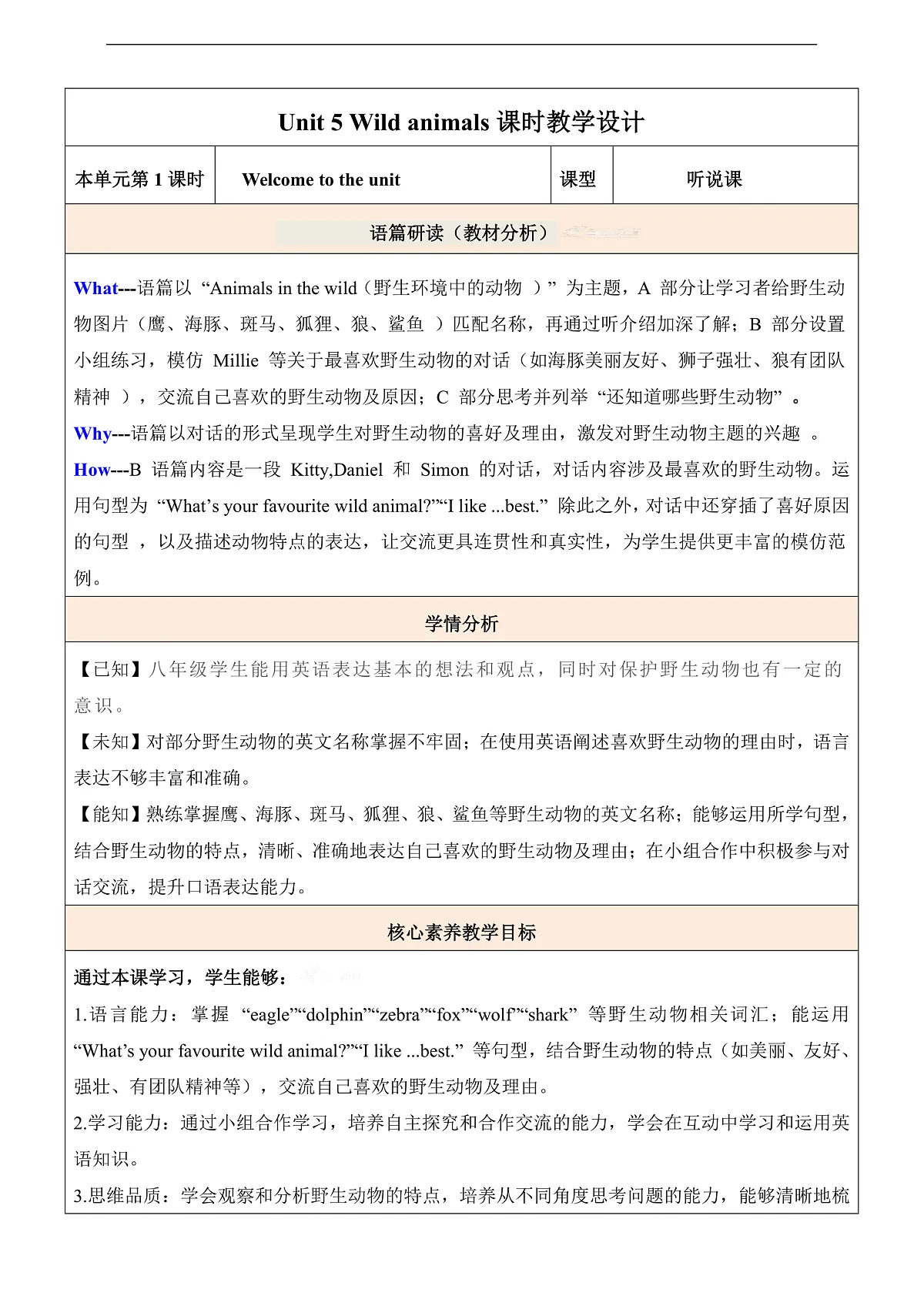 【教学评一体化】Unit 5 Wild animals第1课时Welcome to the unit 教学设计-新译林八上第1页