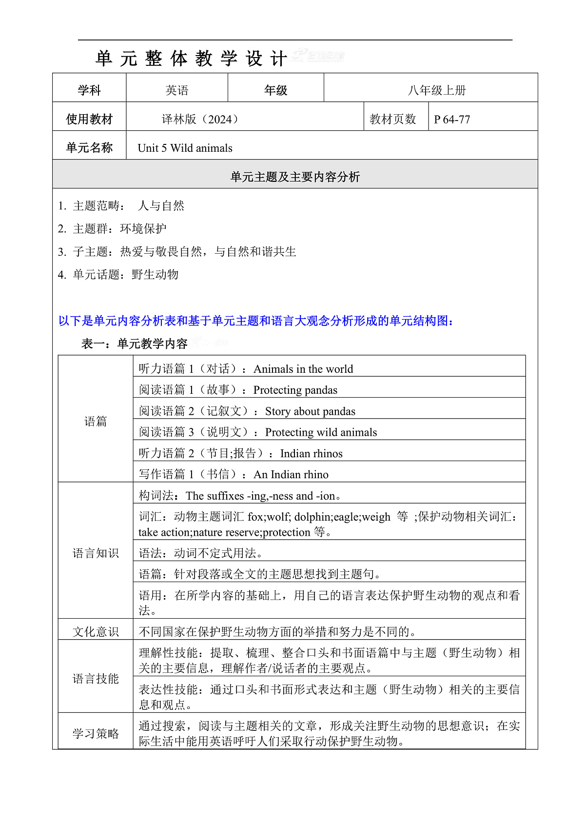 【教学评一体化】Unit 5 Wild animals大单元整体教学分析-新译林八上第2页