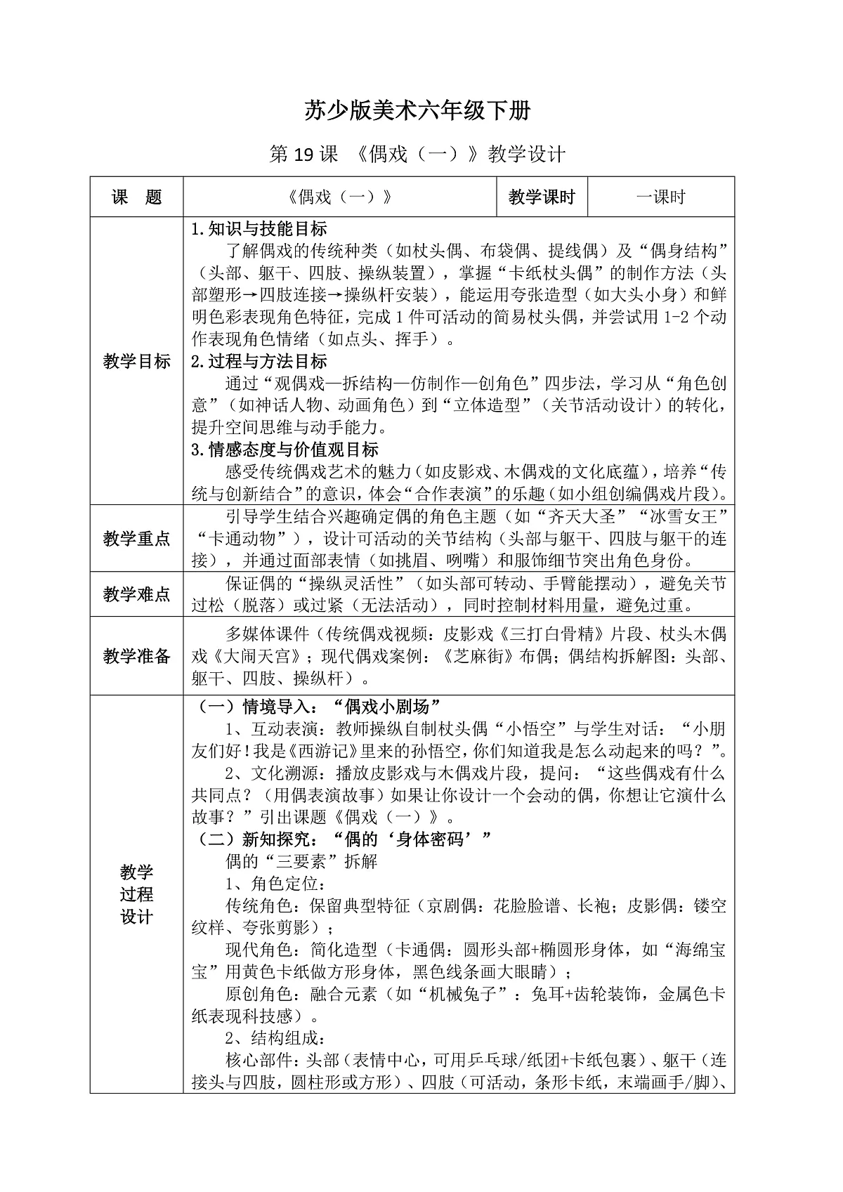 苏少版(2024)美术六年级下册 第19课 《偶戏(一)》教案(表格式)+教学反思第1页