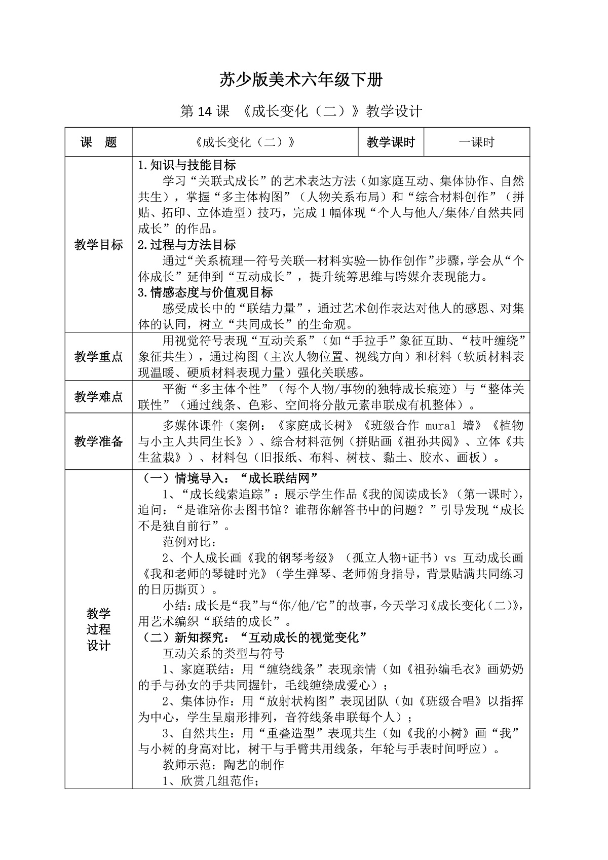 苏少版(2024)美术六年级下册 第14课 《成长变化(二)》教案(表格式)+教学反思第1页