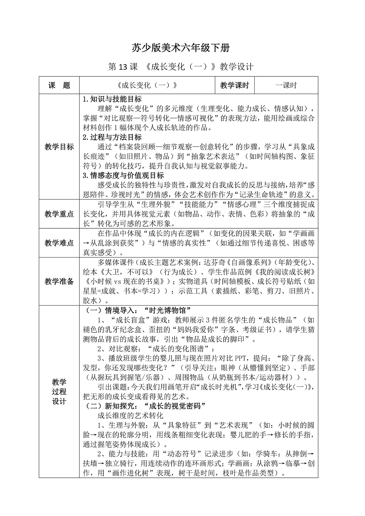 苏少版(2024)美术六年级下册 第13课 《成长变化(一)》教案(表格式)+教学反思第1页