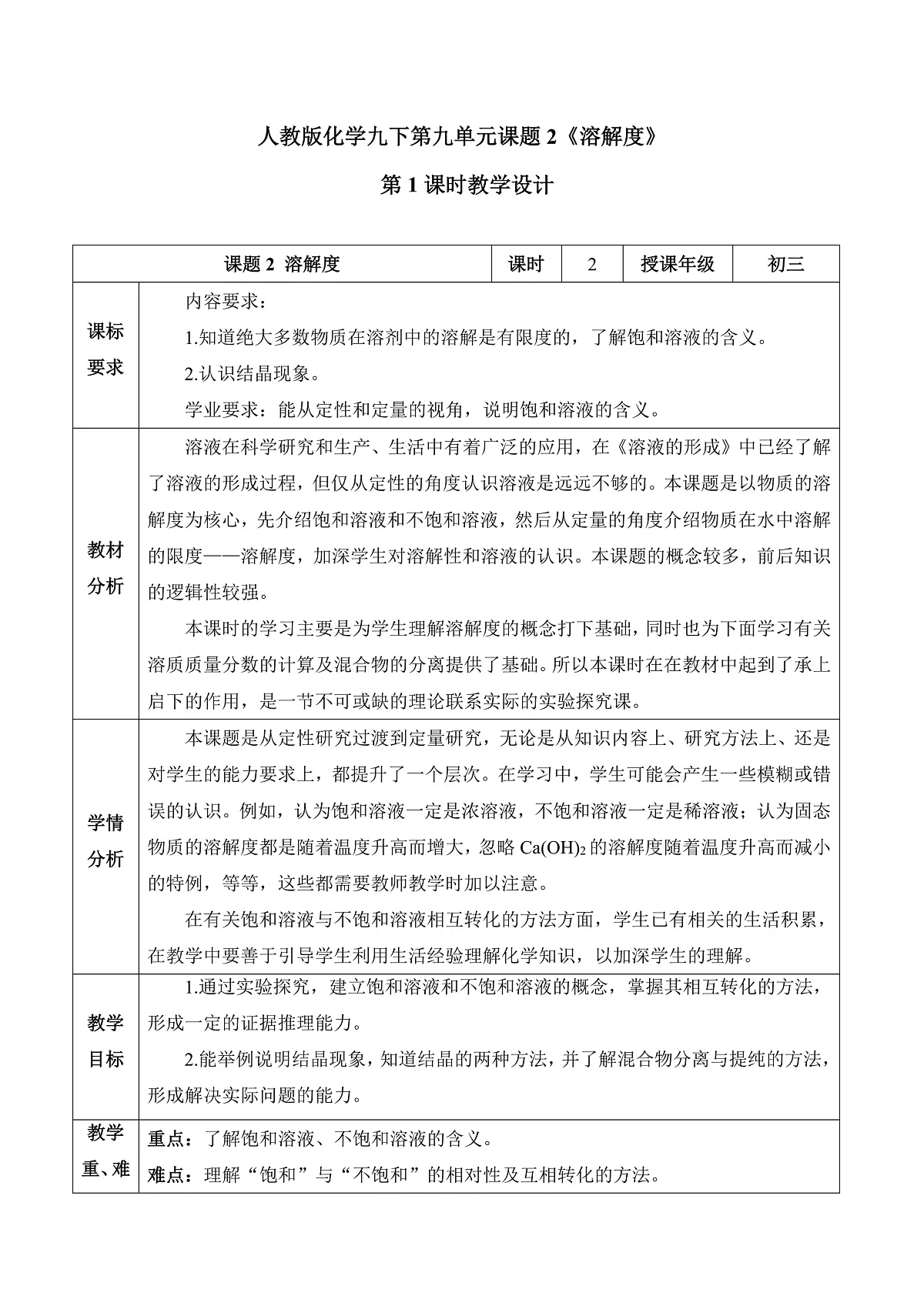 人教版化学九下第九单元 课题2《溶解度》(第1课时)(教学设计)第1页