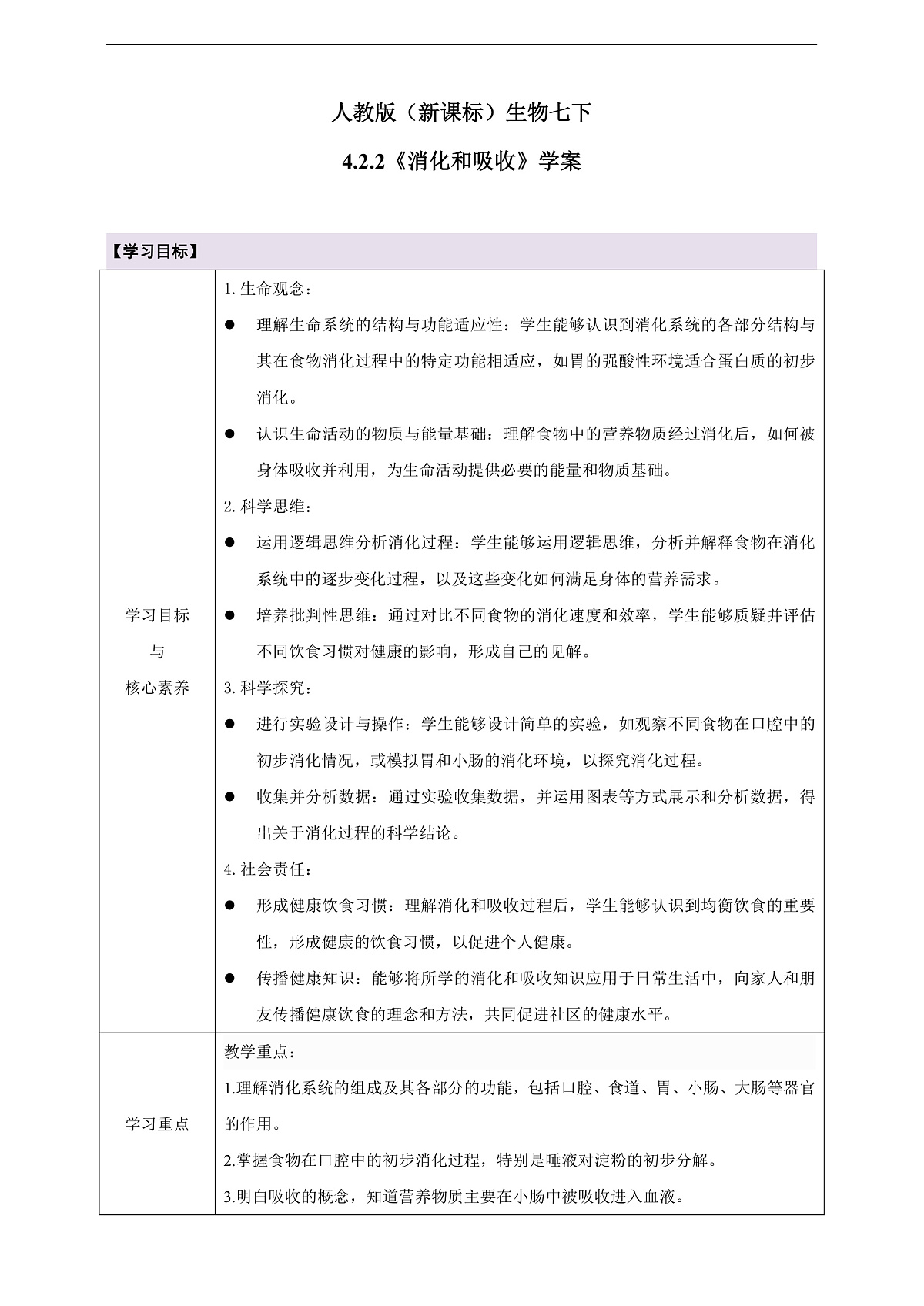人教版(新课标)生物七下 4.2.2《消化和吸收》学案第1页