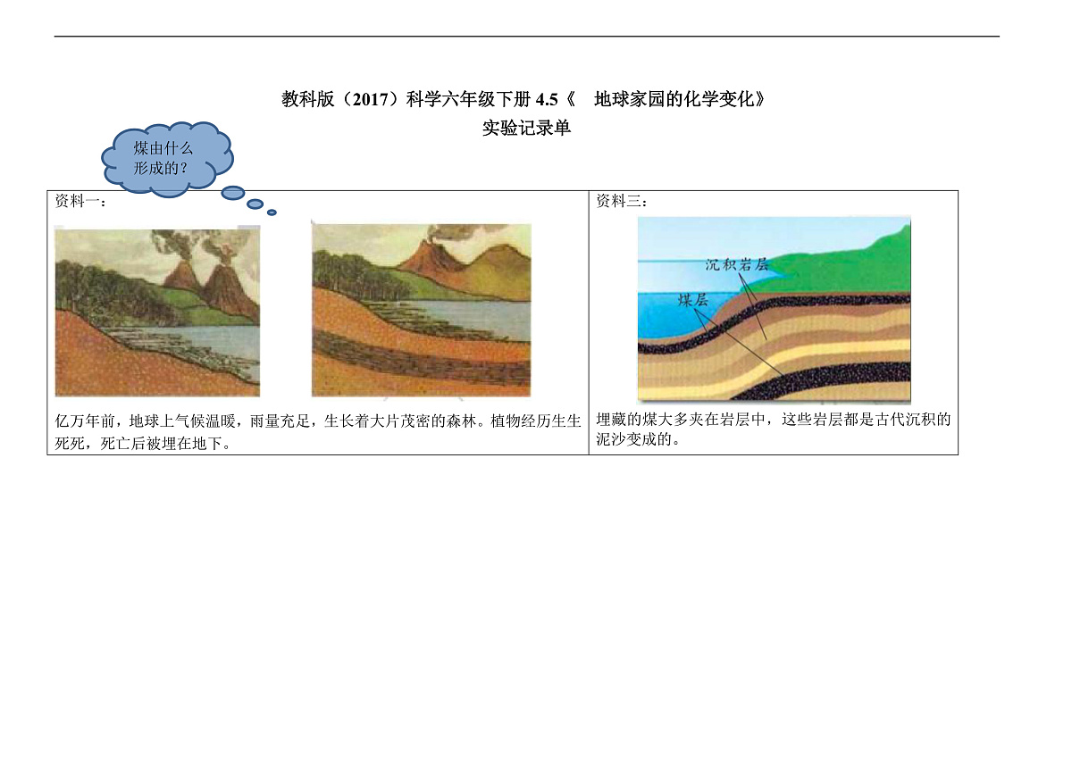 教科版(2017)科学六下4.5《地球家园的化学变化》实验记录单第1页