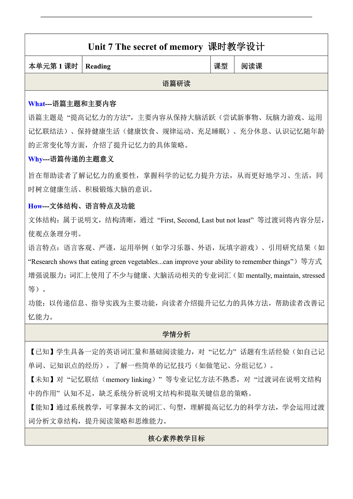 Unit 7 The secret of memory 第1课时Reading优质教学设计第1页