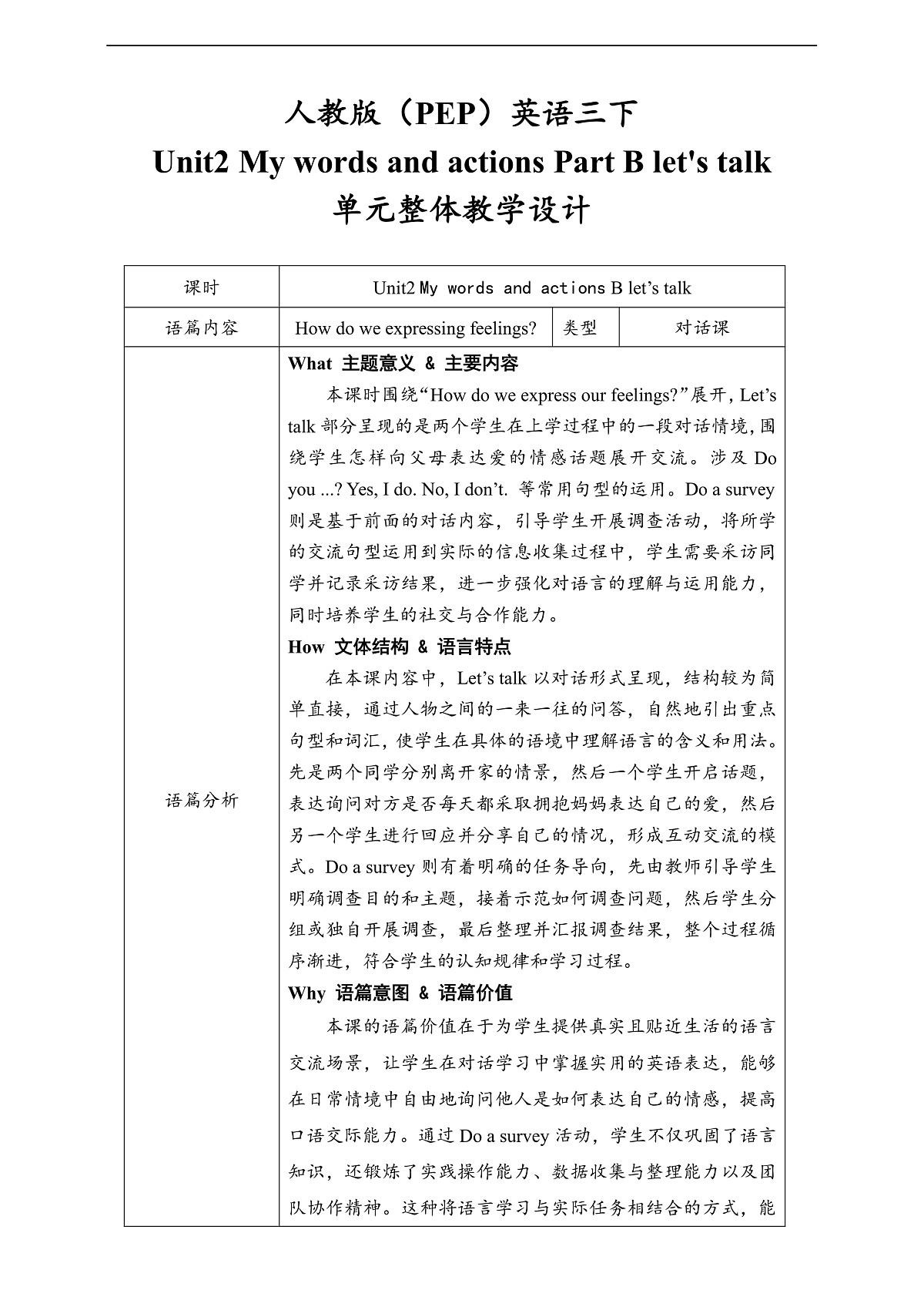 人教版(PEP)英语三下Unit2 My words and actions Part B let's talk 单元整体教学设计第1页