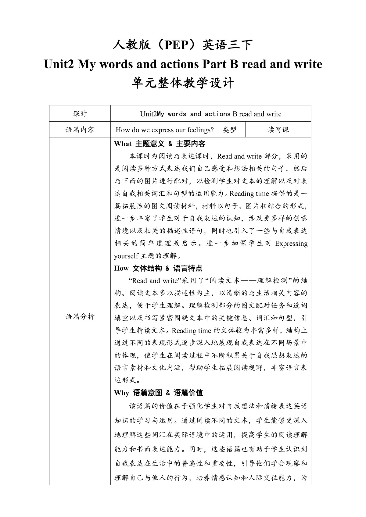 人教版(PEP)英语三下Unit2 My words and actions Part B read and write 单元整体教学设计第1页