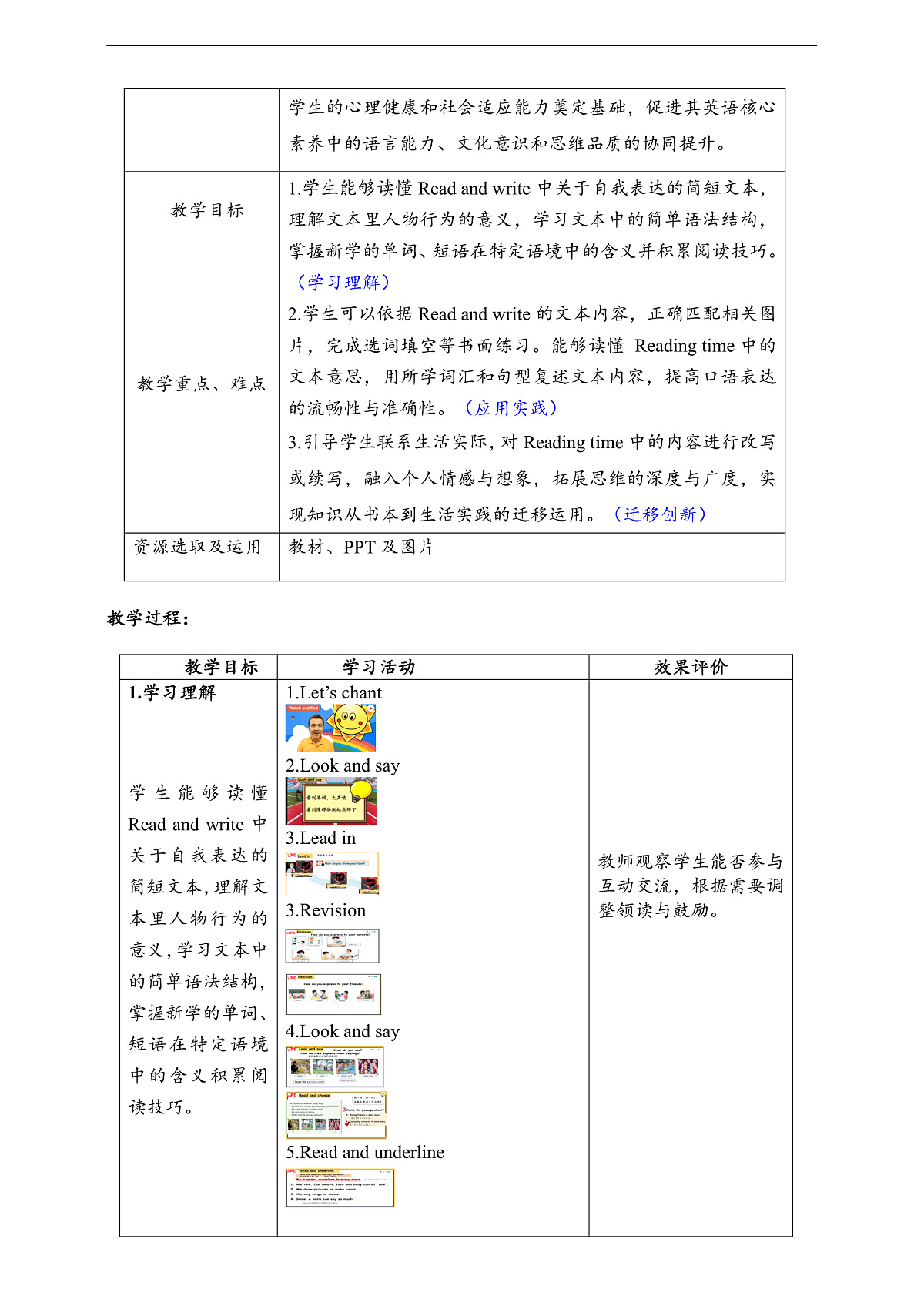 人教版(PEP)英语三下Unit2 My words and actions Part B read and write 单元整体教学设计第2页