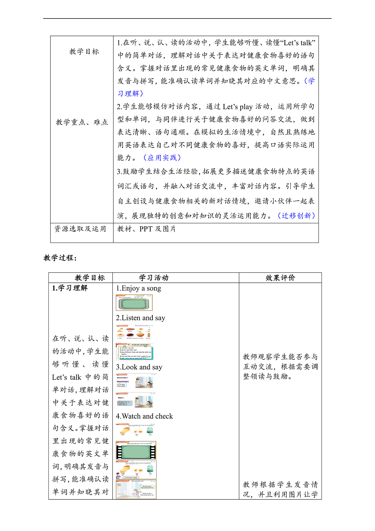 人教版(PEP)英语三下Unit4 Healthy food Part A let's talk 单元整体教学设计第2页