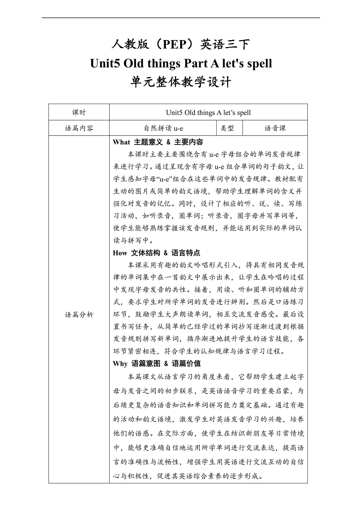 人教版(PEP)英语三下Unit5 Old things Part A let's spell 单元整体教学设计第1页