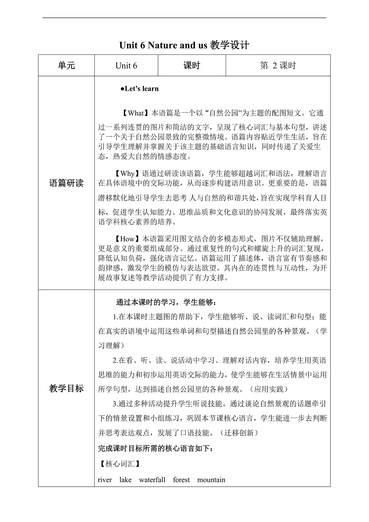 Unit 6 第2课时 Part A Let’s learn &Design a nature park(教学设计)英语人教PEP版五年级上册(新教材)第1页