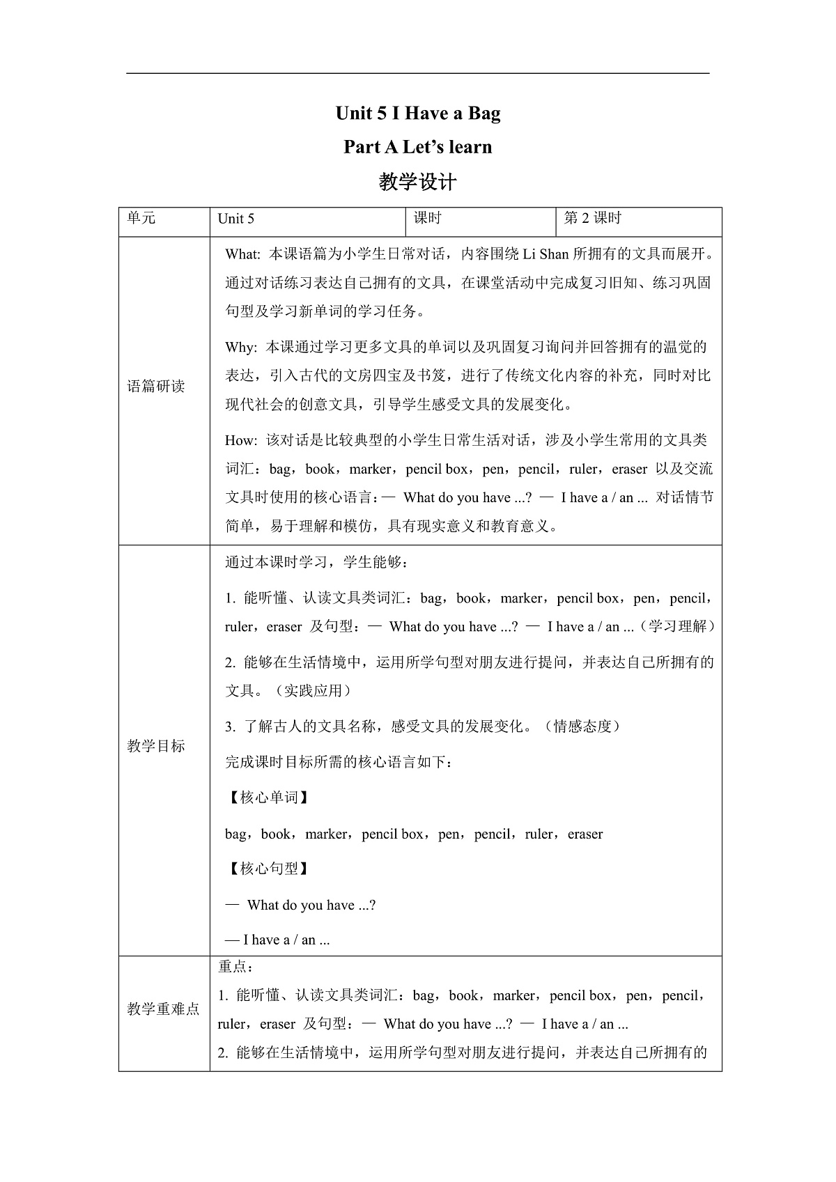 Unit 5 I Have a Bag Lesson 2 Part A Let’s learn000教学设计第1页