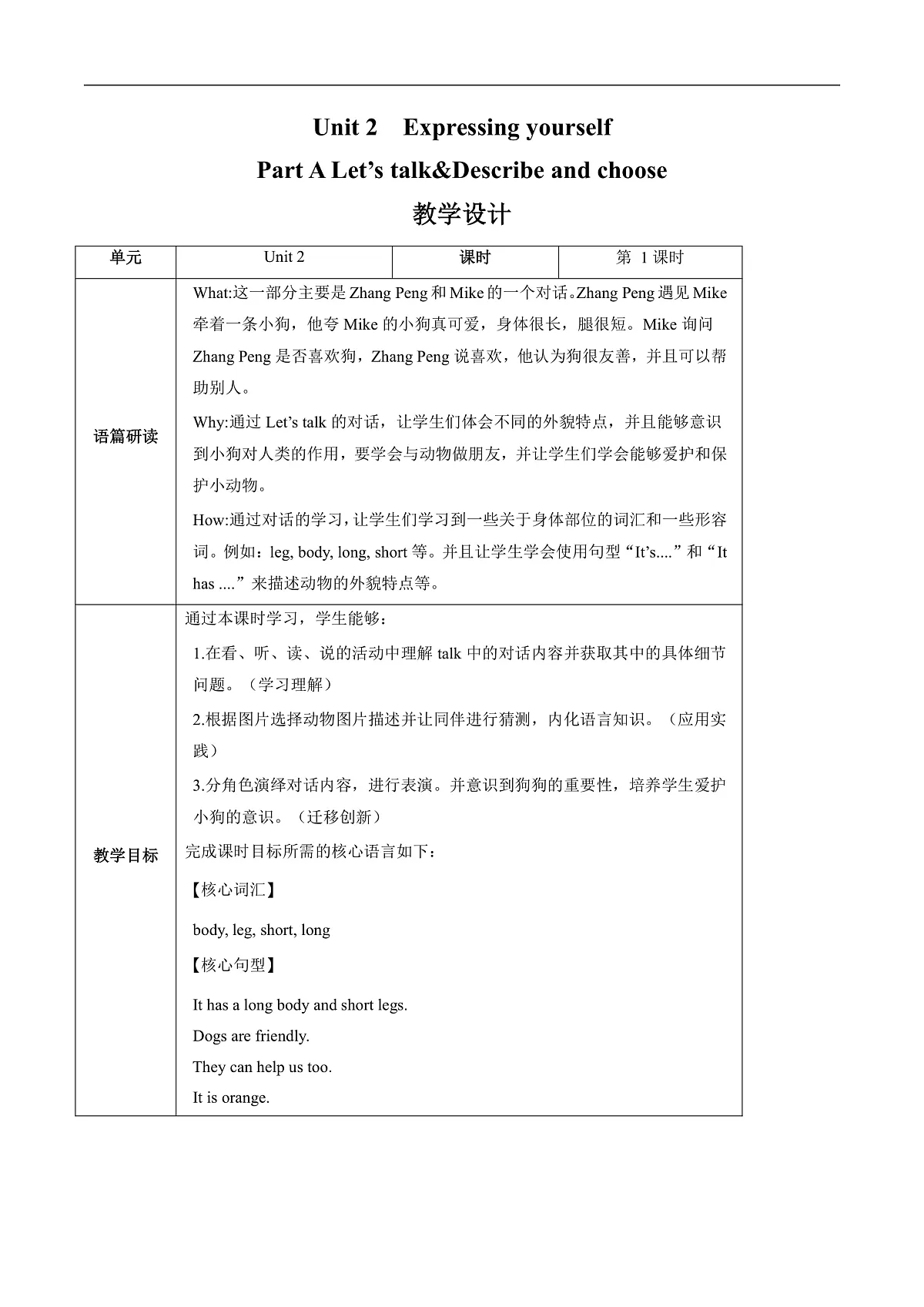 Unit 2 第1课时(教学设计)Part A Let's talk&Describe and choose三年级英语下册(人教PEP版)第1页
