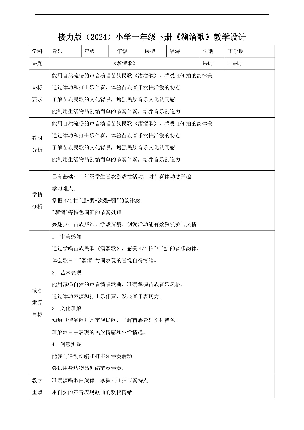 【接力版】音乐一年级下册 第一单元《溜溜歌》 教案第1页
