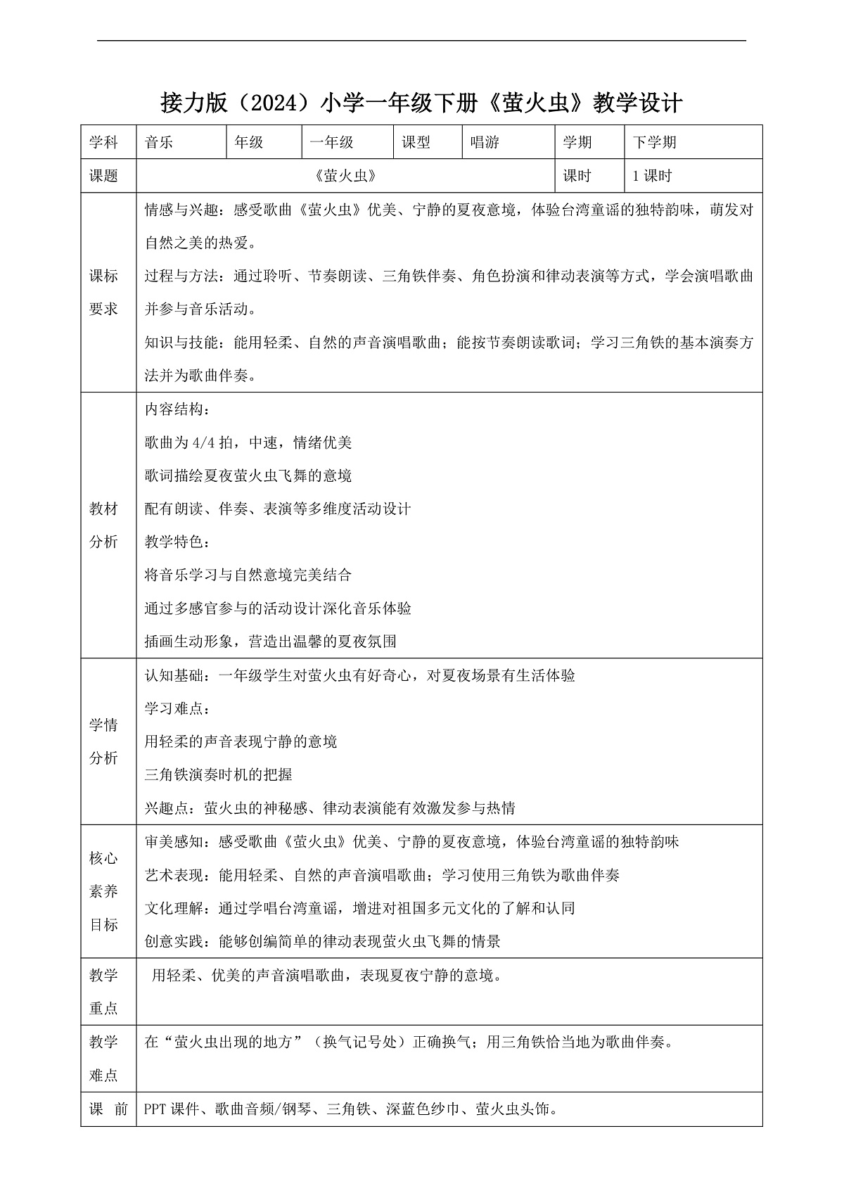 【接力版】音乐一年级下册 第二单元《萤火虫》 教案第1页