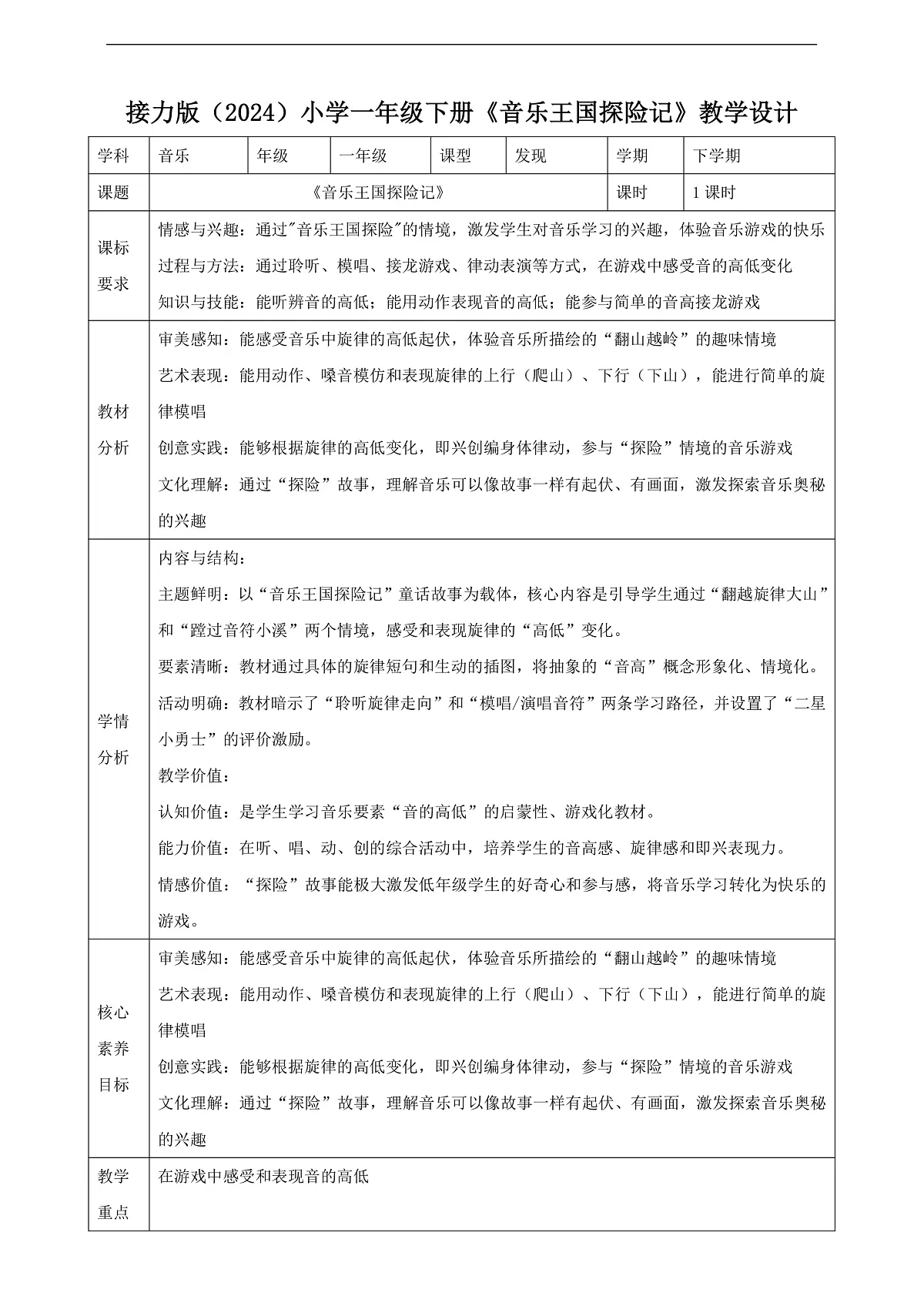 【接力版】音乐一年级下册 第三单元《音乐王国探险记》 教案第1页
