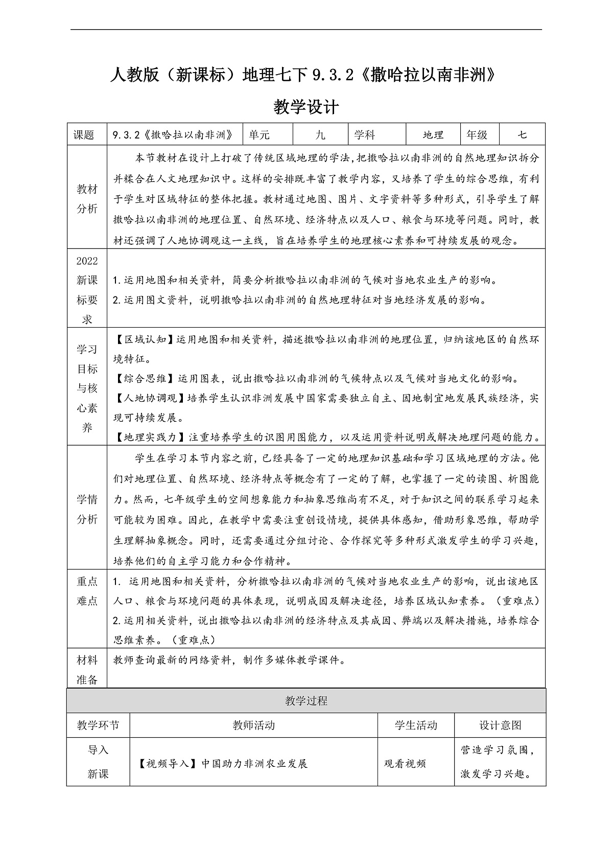 人教版(新课标)地理七下9.3.2《撒哈拉以南非洲》教案第1页