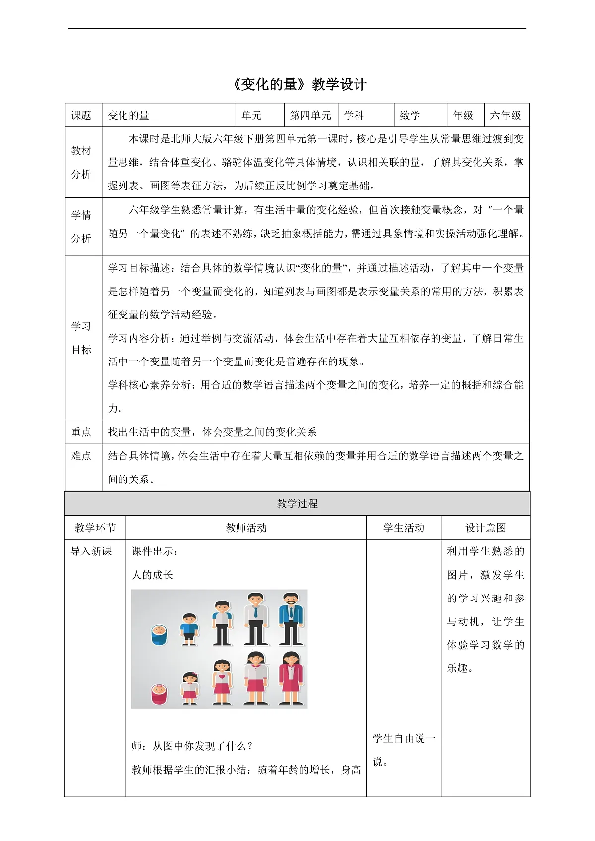 【任务型备课】北师大版数学六年级下册-4.1 变化的量 (教学设计)第1页