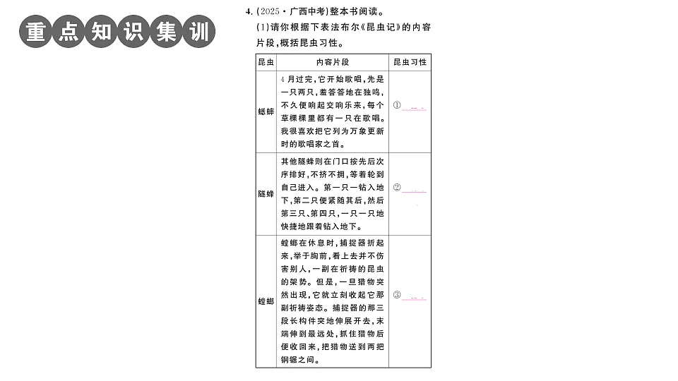 初中语文新部编版八年级下册《昆虫记》阅读计划三:整本书阅读作业课件(2026春)(放映显示答案)第5页
