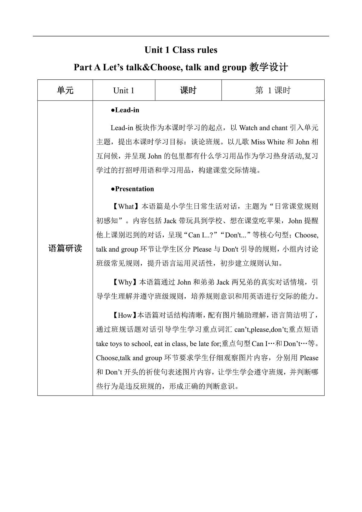 Unit 1 第1课时 Part A Let’s talk&Choose, talk and group 教学设计第1页