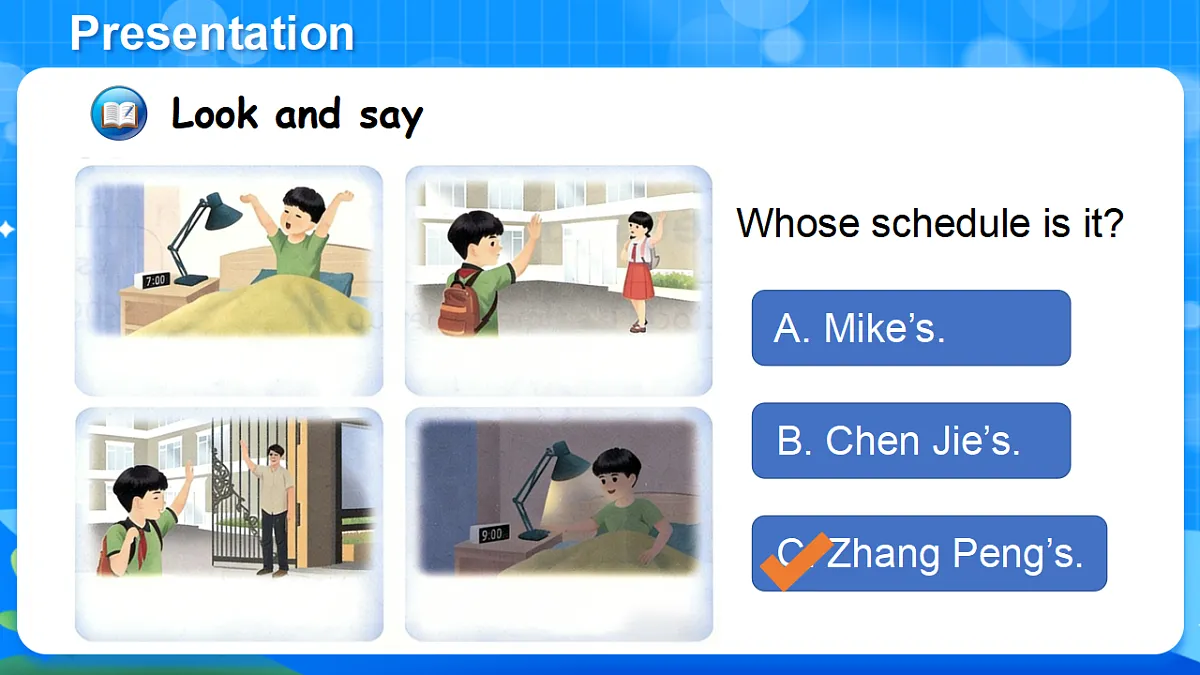 (新课标新教材)人教PEP四年级下册英语Unit 3 Time for school B Let's learn & Look and say教学PPT第8页