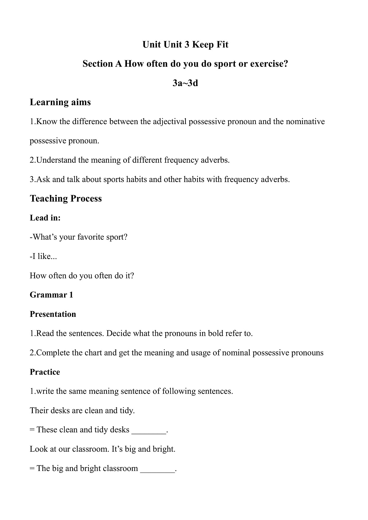 人教版初中英语七年级下册UnitUnit 3 Keep Fit Section A(3a-3d) 学历案第1页