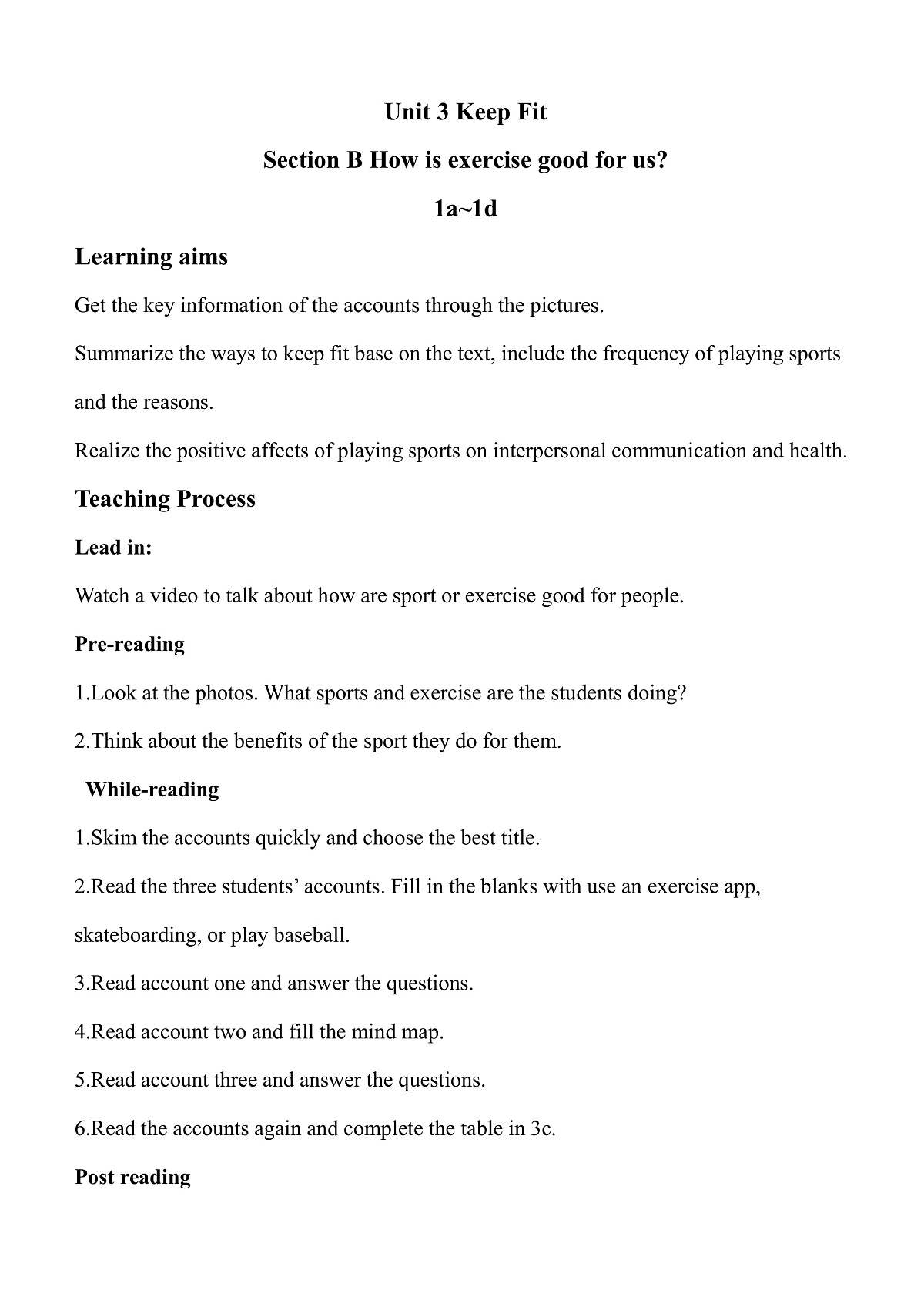 人教版初中英语七年级下册UnitUnit 3 Keep Fit Section B(1a-1d) 学历案第1页