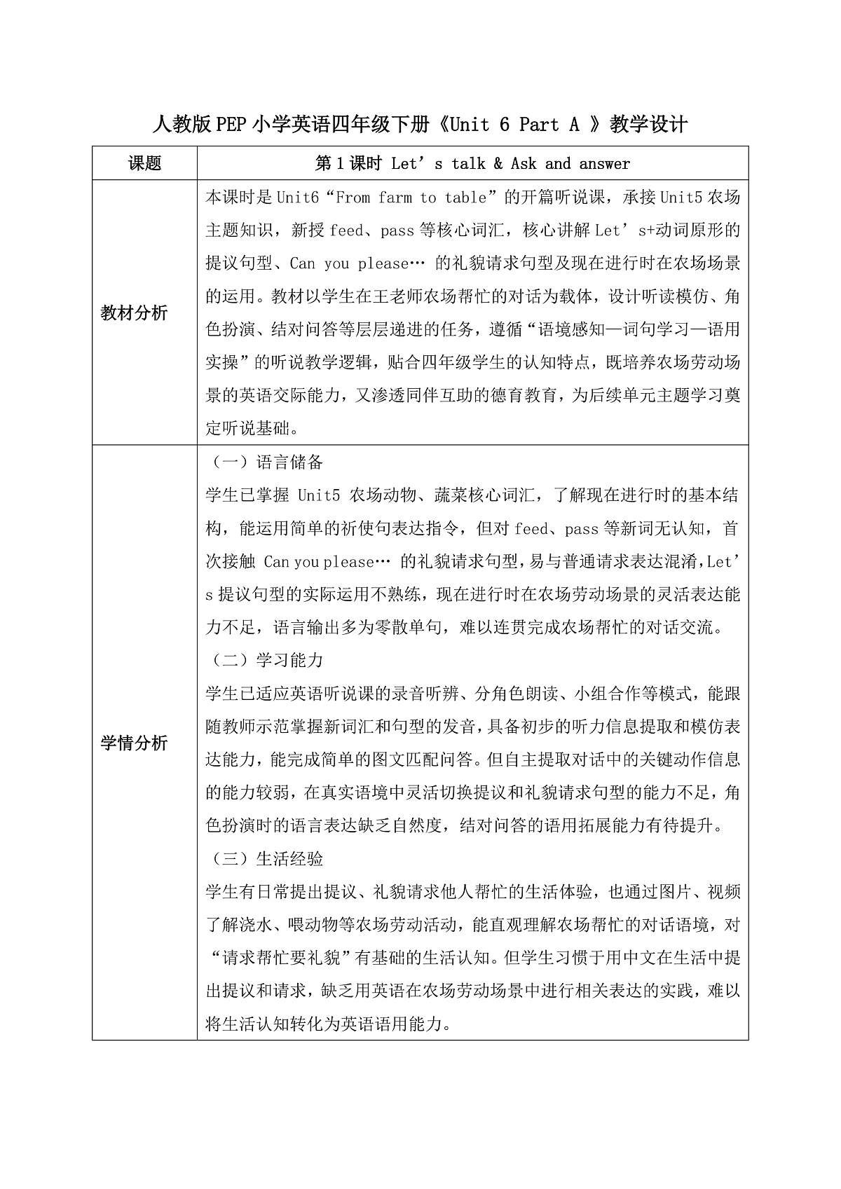 【任务型备课】PEP版英语四下-Unit6 Part A Let’s talk & Ask and answer(教案)第1页