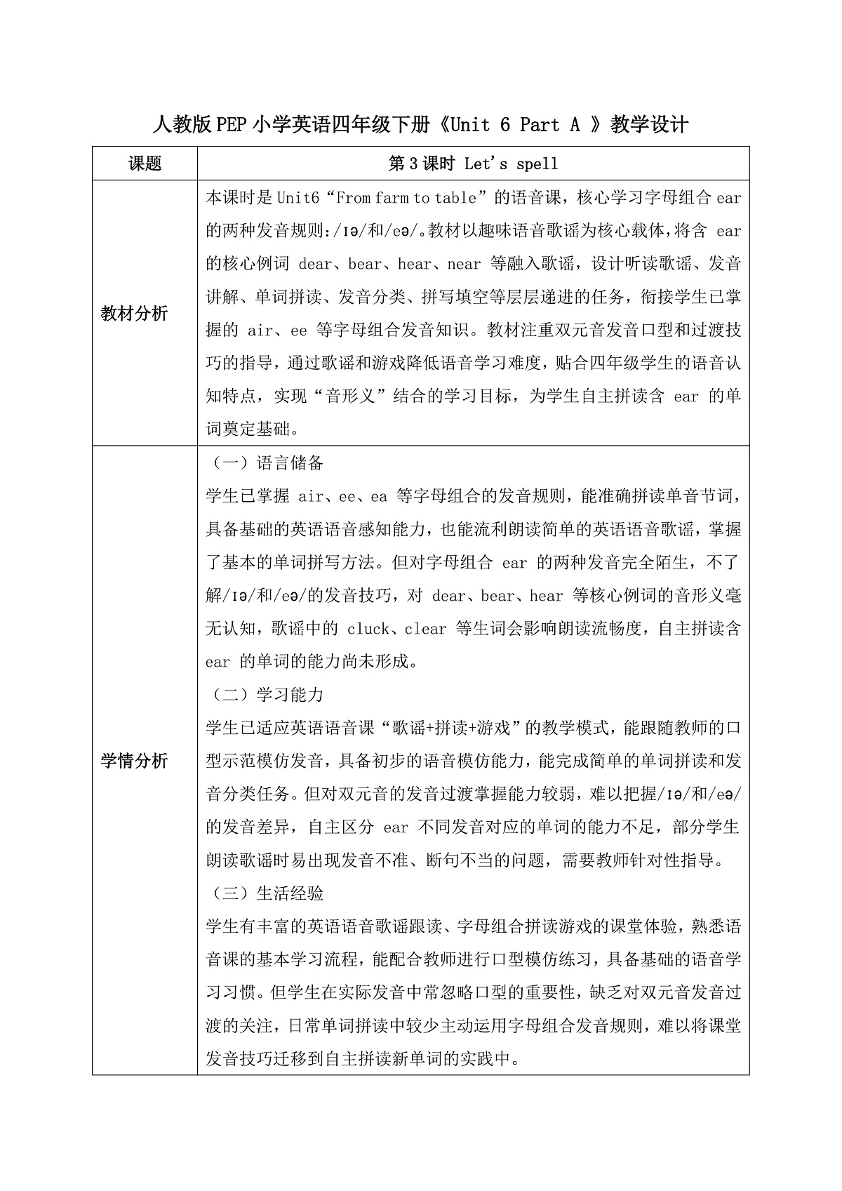 【任务型备课】PEP版英语四下-Unit6 Part A Let's spell(教案)第1页