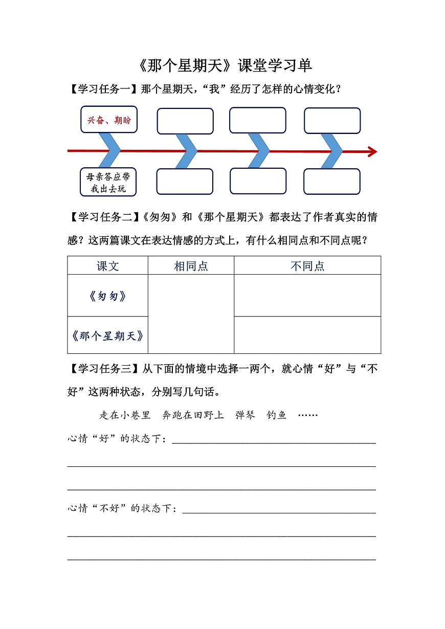 【学习单】统编六下第3单元第9课《那个星期天》第1页