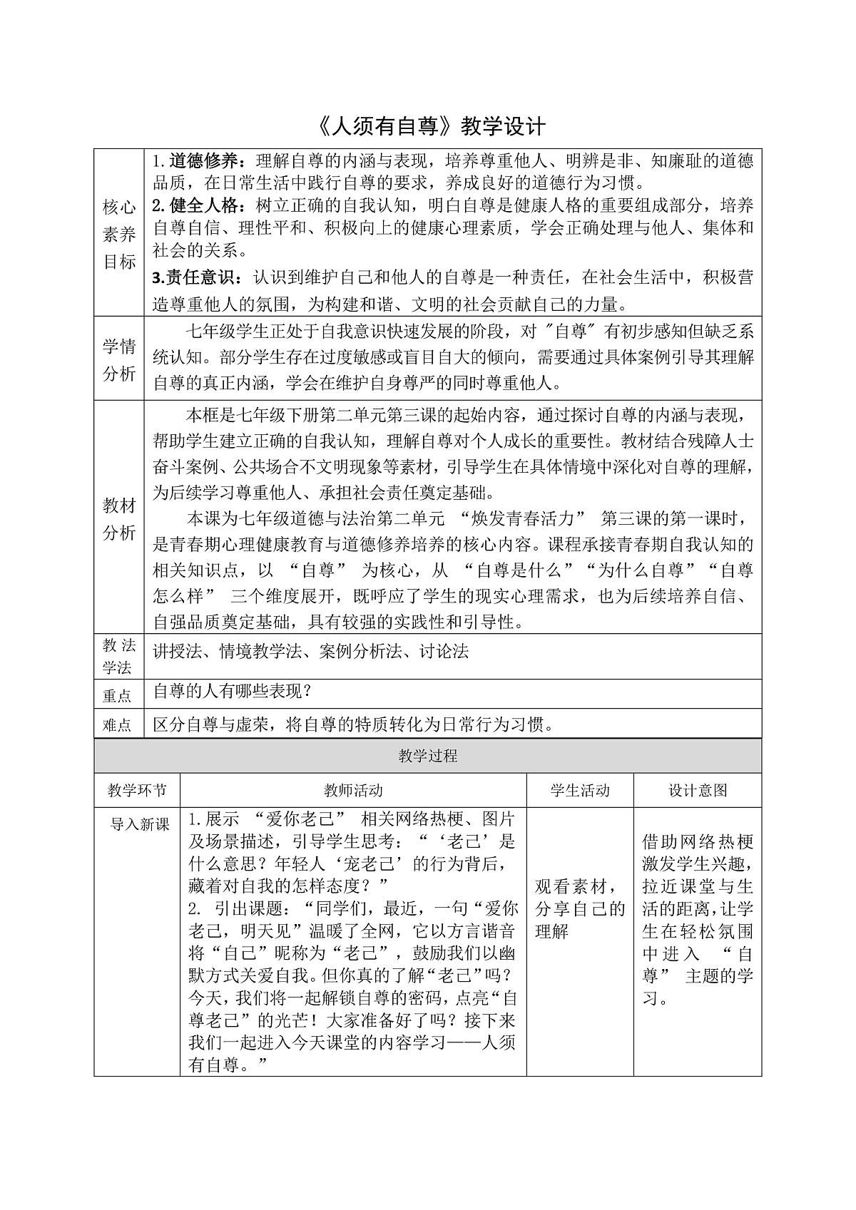 3.1《人须有自尊》教案2025-2026学年道德与法治七年级下册 统编版第1页