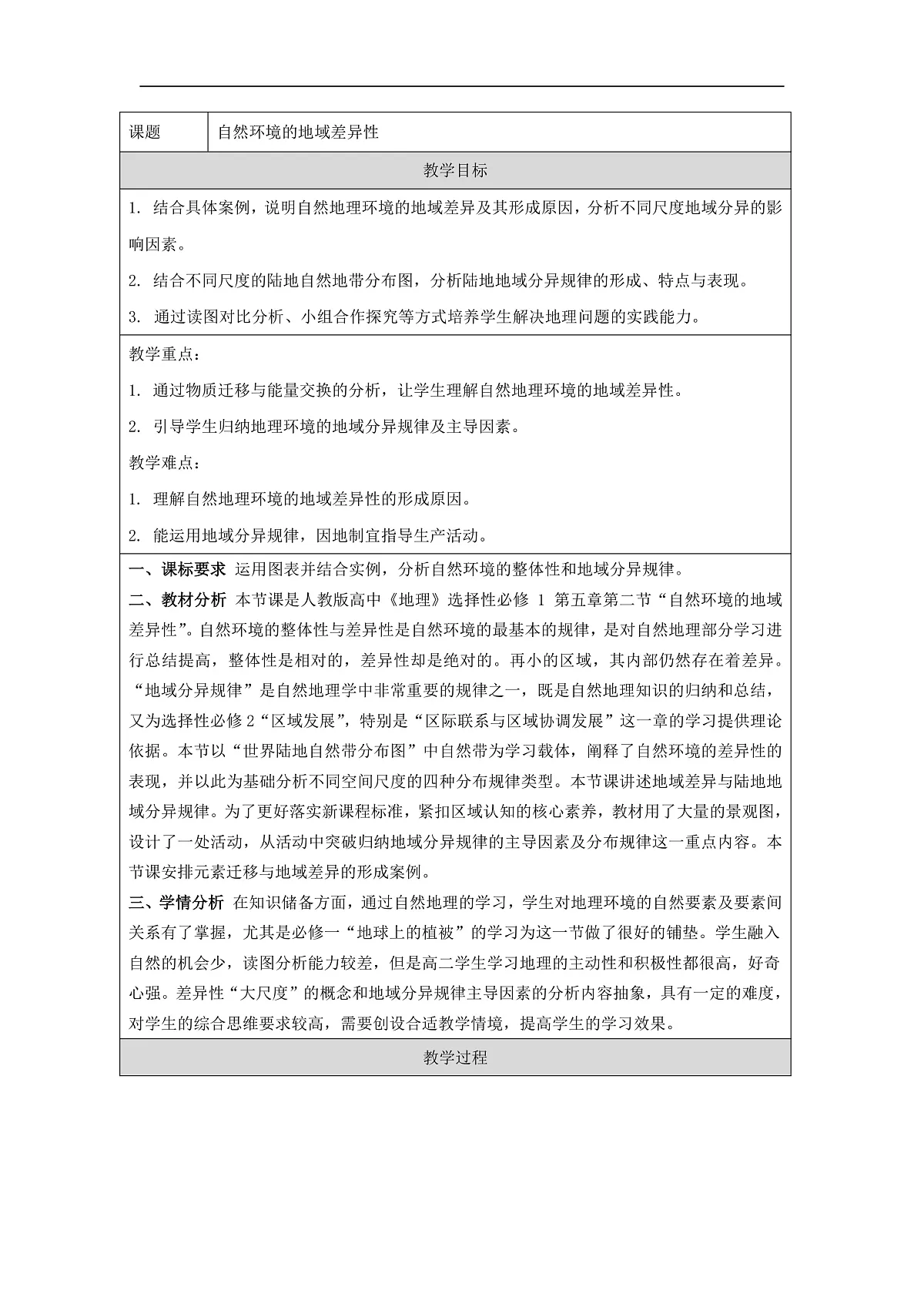 人教版(2019)高中地理选择性必修一 5.2 自然环境的地域差异性 教案第1页