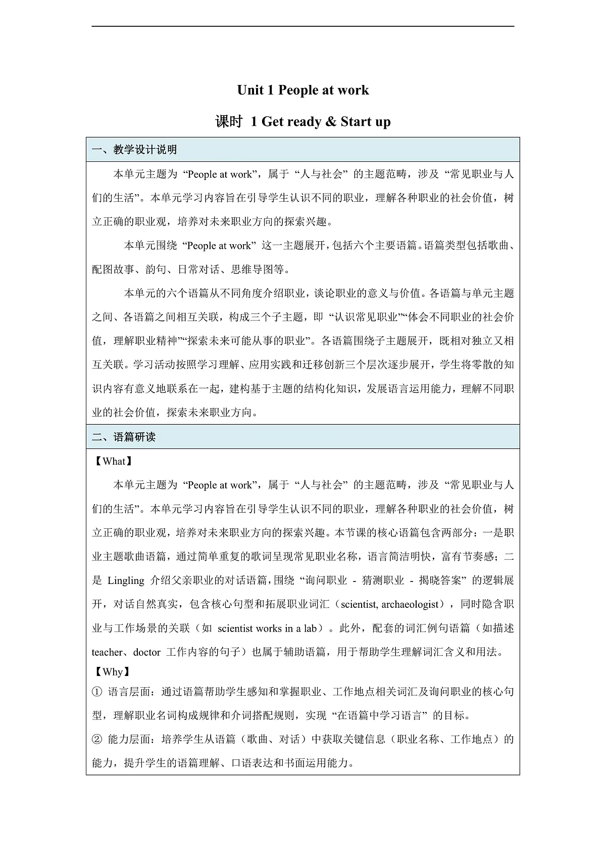 Unit 1 People at work 第一课时 Get ready & Start up 教学设计-外研版四下第1页