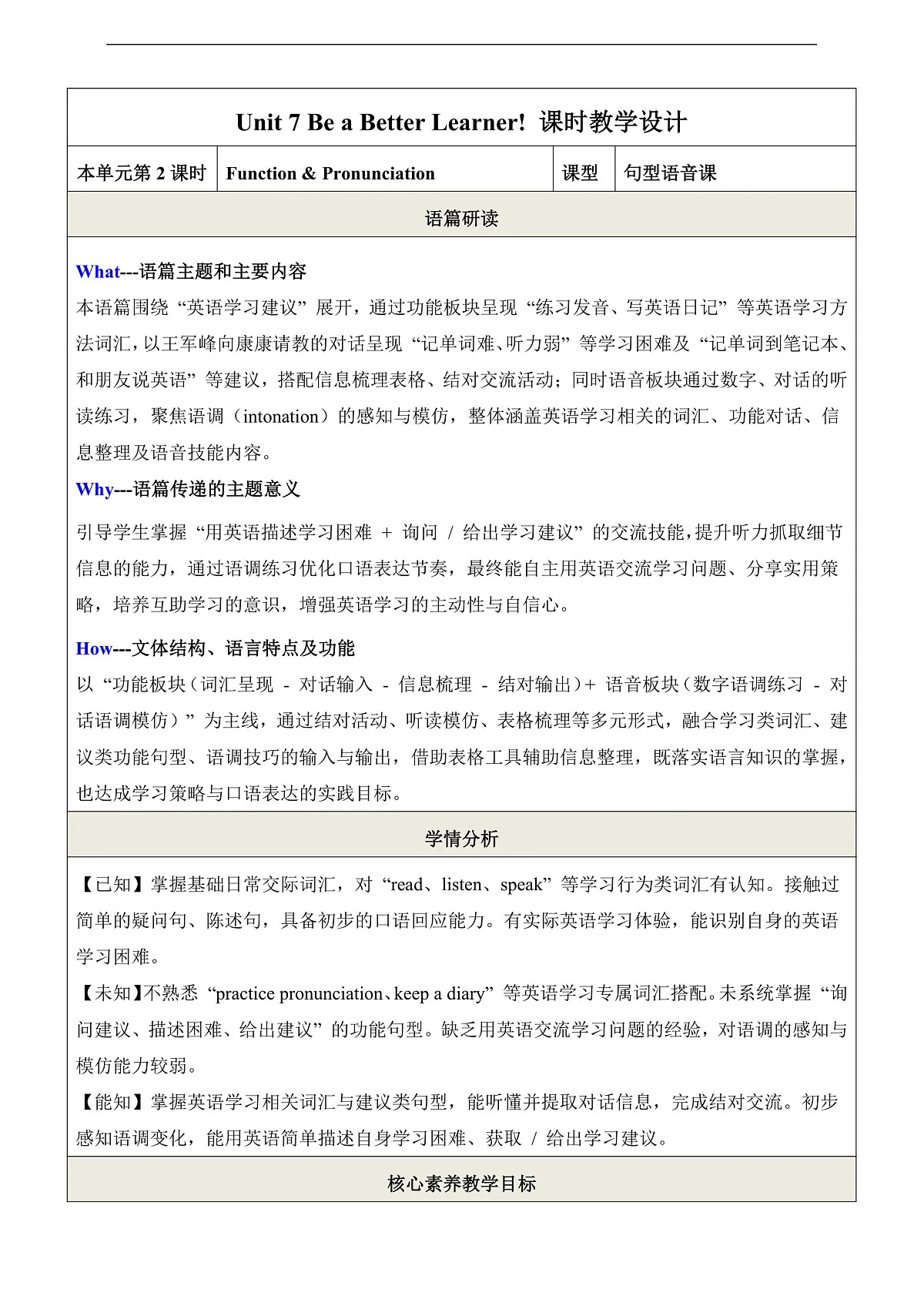【教学评一体化】Unit7 Be a Better Learner! 第2课时Function & Pronunciation 教学设计(表格式)第1页