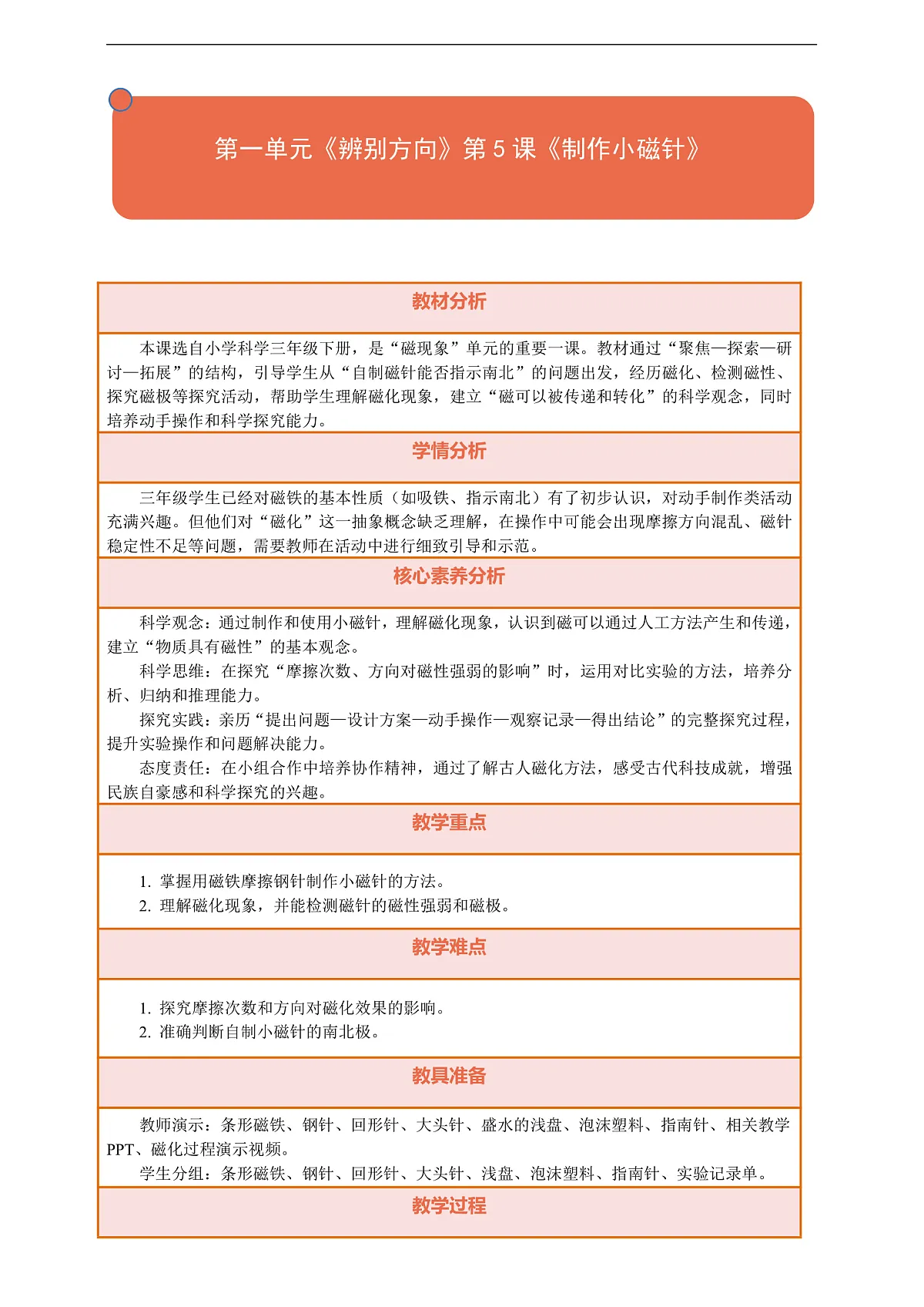 【核心素养】第一单元《辨别方向》第5课《制作小磁针》教案含反思第1页