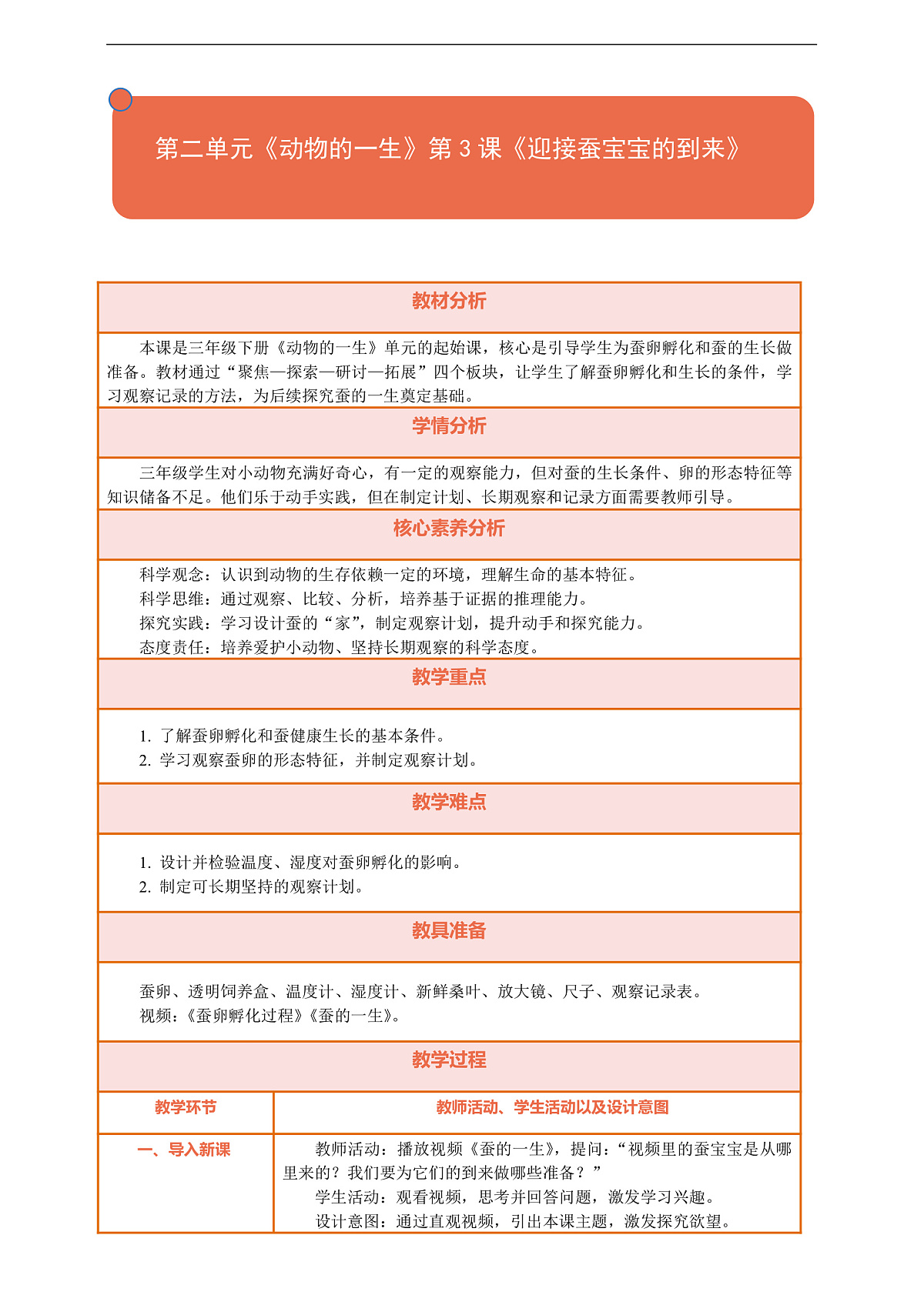 【核心素养】第二单元《动物的一生》第3课《迎接蚕宝宝的到来》教案含反思第1页