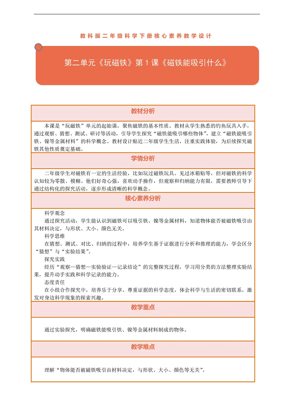 【核心素养】第二单元《玩磁铁》第1课《磁铁能吸引什么》教案含反思第1页