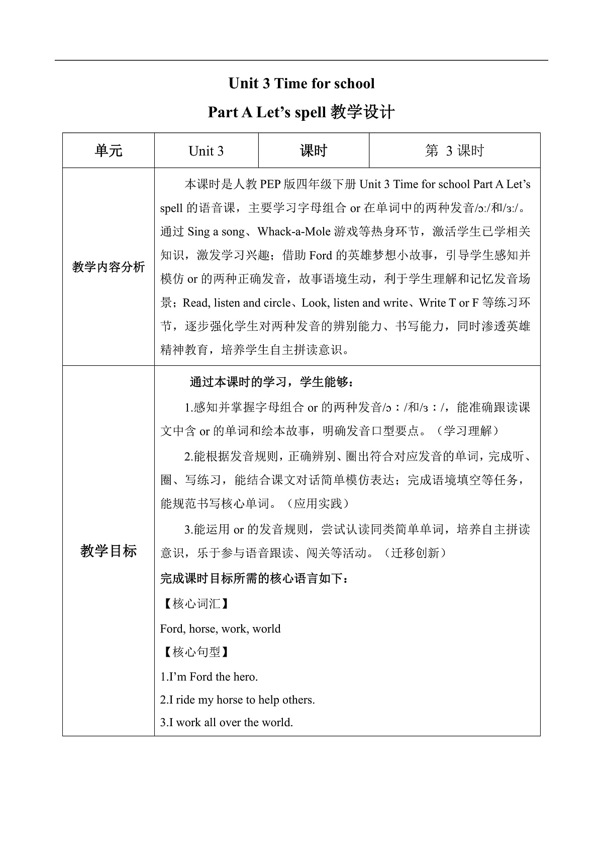 Unit 3 第3课时 Part A Let’s spell(教学设计)英语人教PEP版四年级下册(新教材).dox第1页