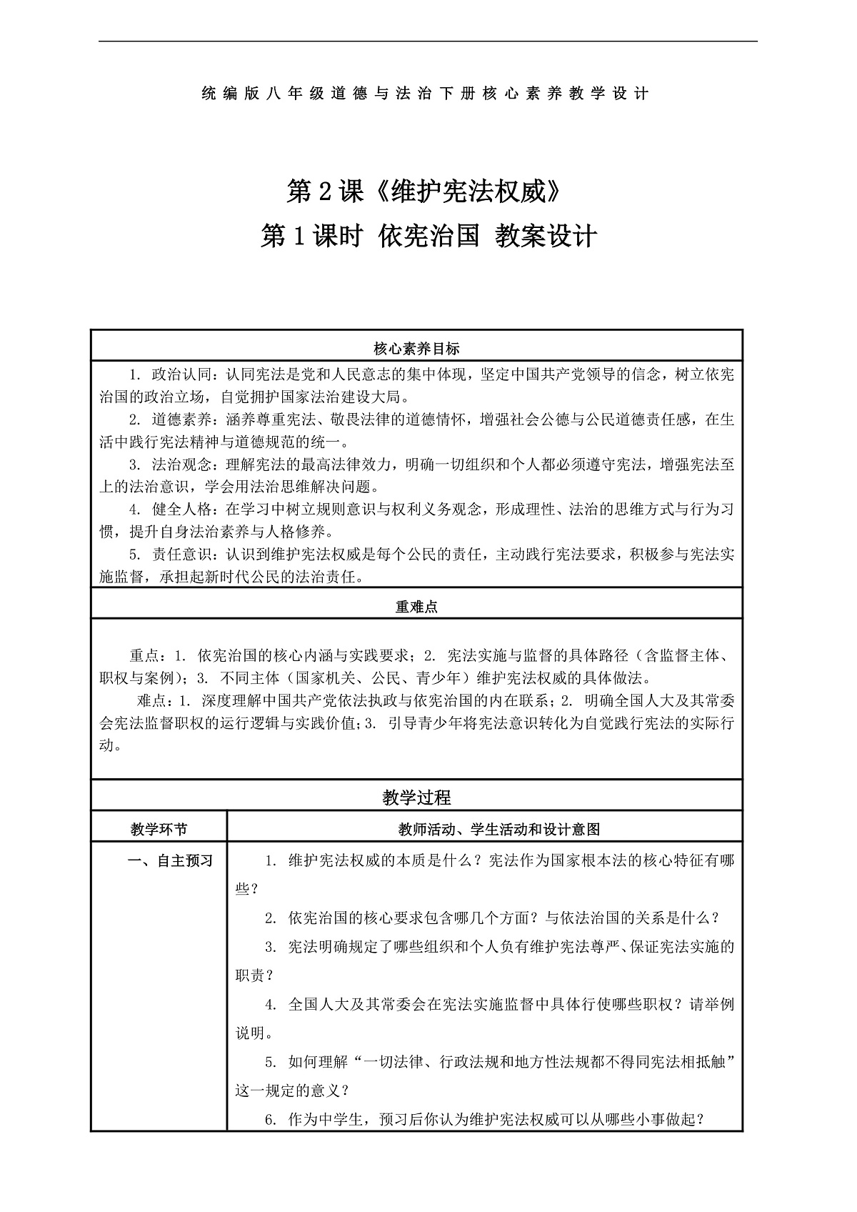 (议题式教学)八下2.1 《维护宪法权威——依宪治国》 教学设计第1页