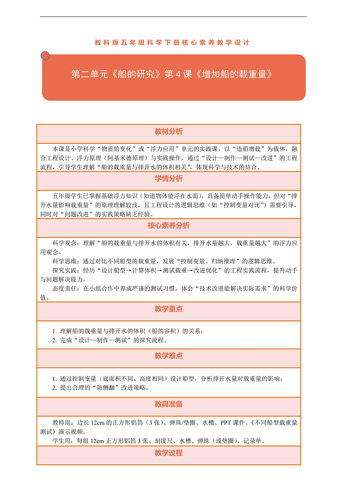 【核心素养】第二单元《船的研究》第4课《增加船的载重量》教案含反思第1页