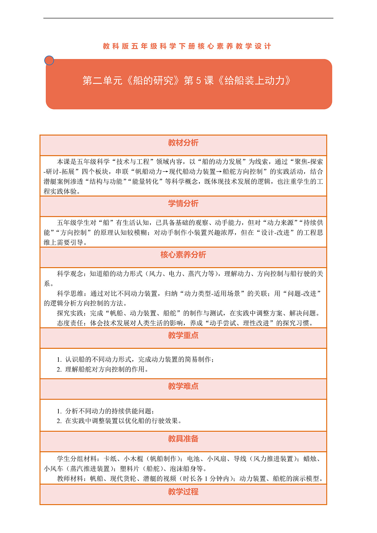 【核心素养】第二单元《船的研究》第5课《给船装上动力》教案含反思第1页