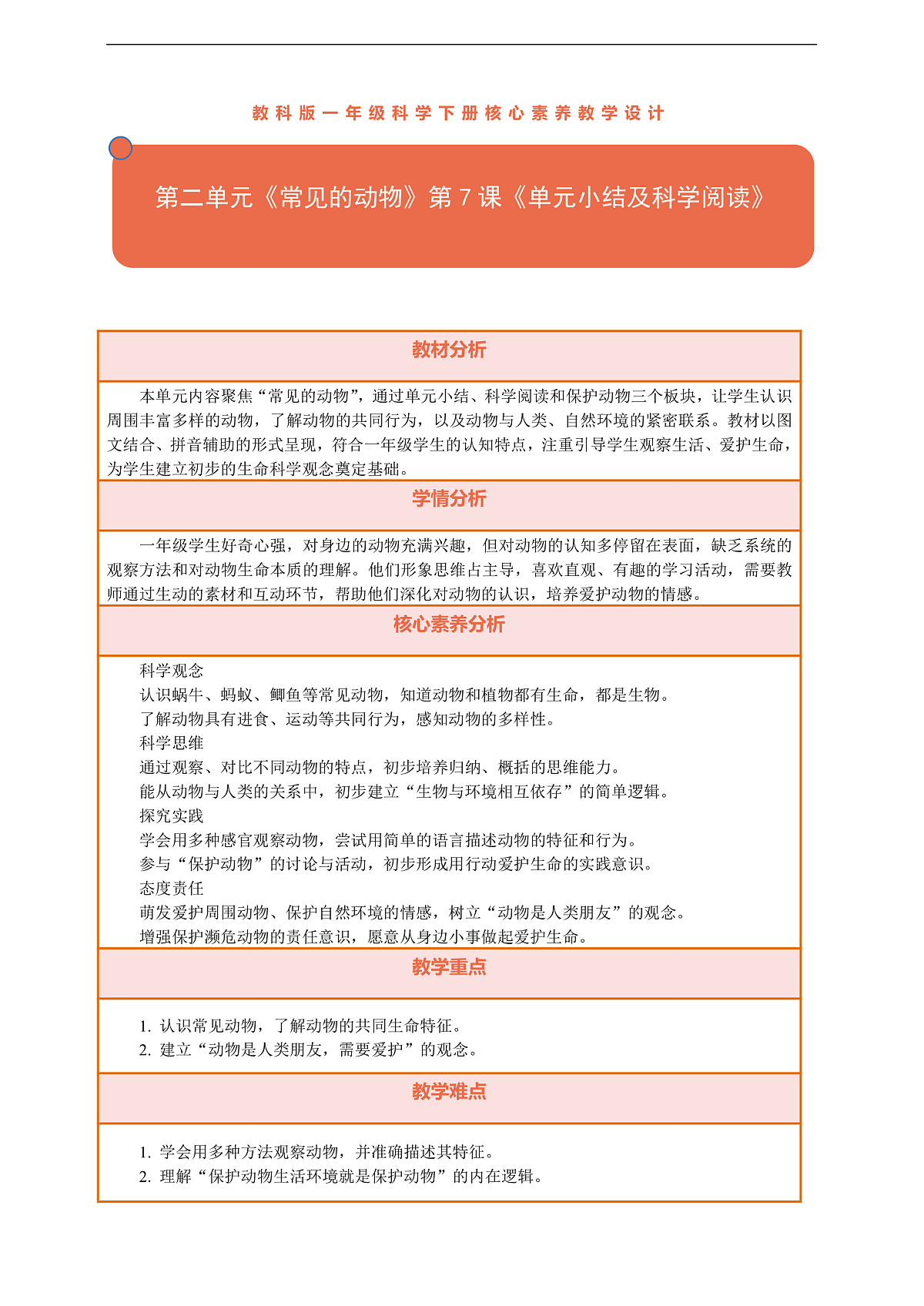 【核心素养】第二单元《常见的动物》第7课《单元小结及科学阅读》教案含反思第1页