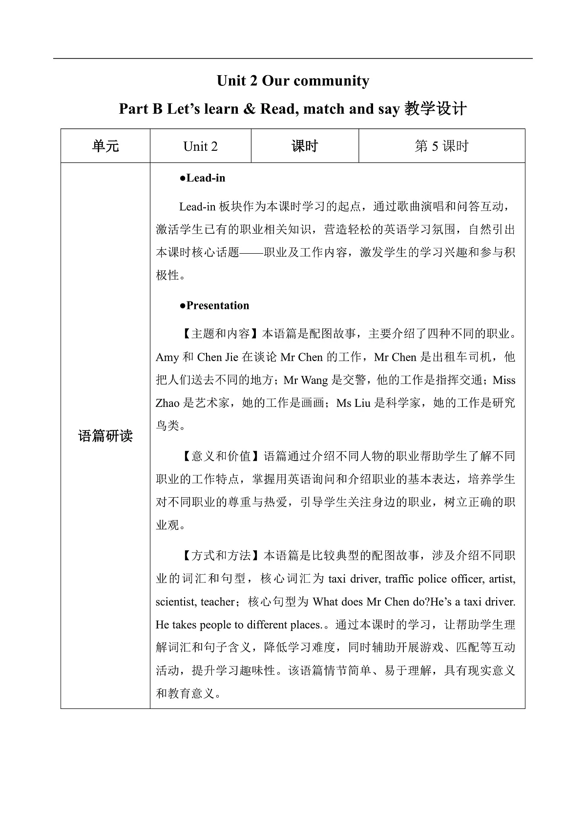 Unit 2 第5课时 Part B Let’s learn&Read, match and say 教学设计第1页