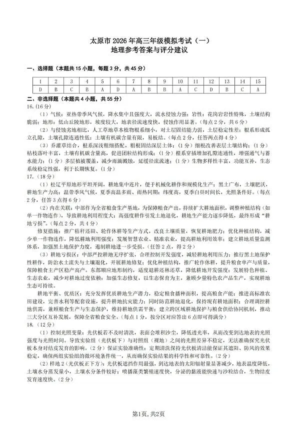 地理答案_2026太原高考一模地理答案第1页