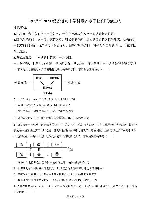 山东省临沂市2024-2025学年高二上学期1月期末生物试题 Word版无答案-f92575756ed6第1页