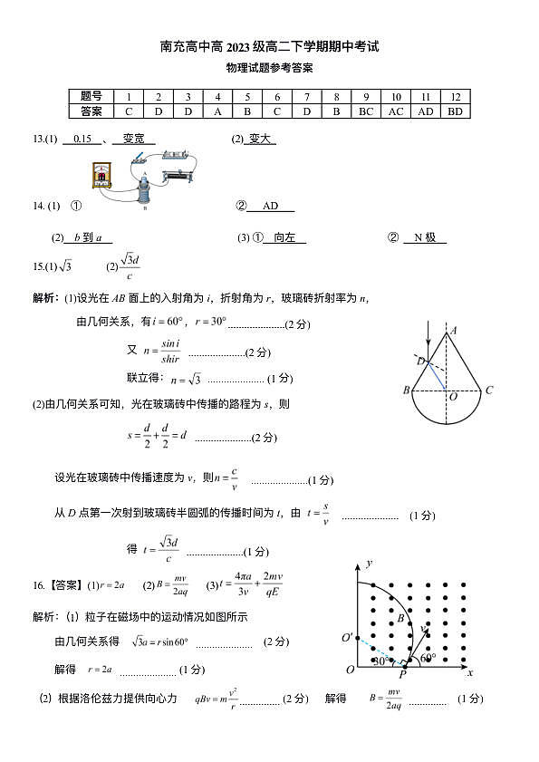 南充高中高2023级高二下学期期中考试参考答案第1页