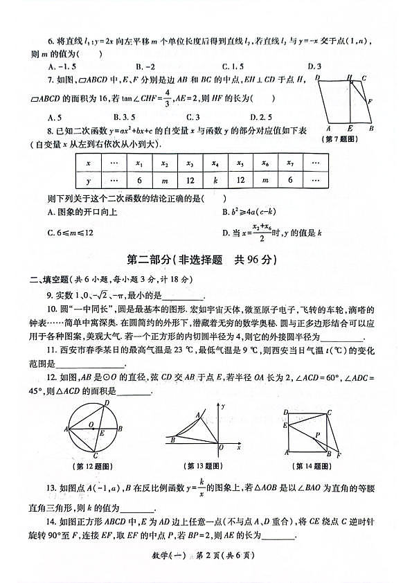 陕西省西安未央区2026年初中学业水平考试九年级一模数学试卷第2页