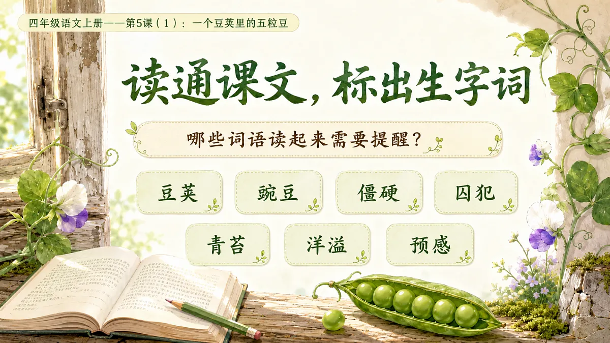 小学六年制统编教材系列课件——四年级语文上册第5课(1):一个豆荚里的五粒豆第4页