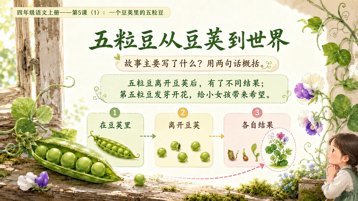 小学六年制统编教材系列课件——四年级语文上册第5课(1):一个豆荚里的五粒豆第6页