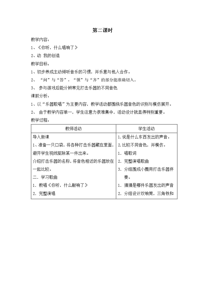 苏教小学音乐一上《2你听，什么敲响了 嘎嘎小鸭子》教案第1页